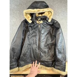 Sergio Benini Leather Jacket Mens XL Black Hooded Shearling Cozy Biker Outdoor